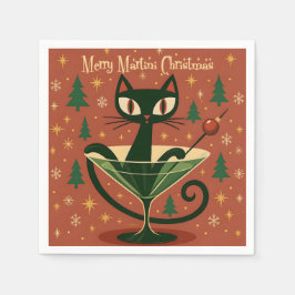 Mid Century Black Cat Merry Martini Christmas Serviette