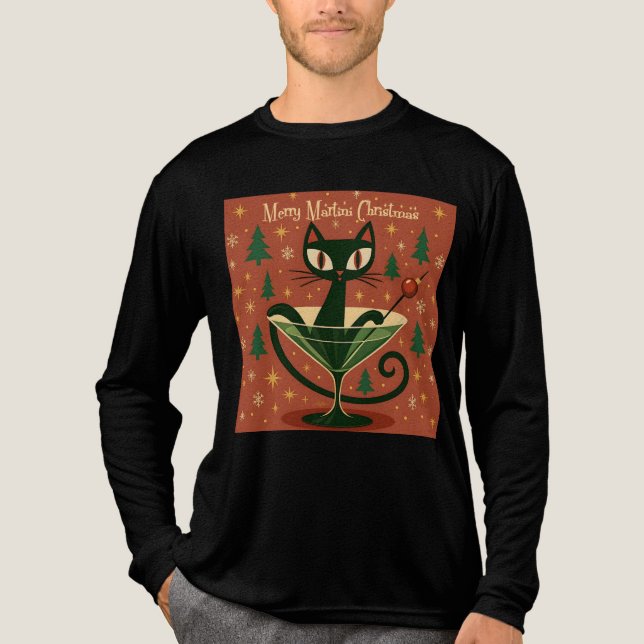 Mid Century Black Cat Merry Martini Christmas Tri-Blend Shirt (Vorderseite)