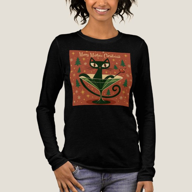 Mid Century Black Cat Merry Martini Christmas Tri-Blend Shirt (Vorderseite)