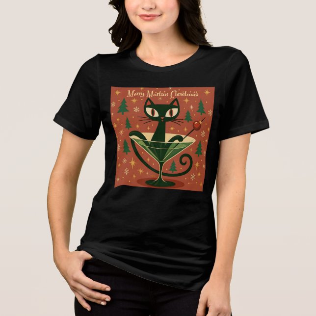 Mid Century Black Cat Merry Martini Christmas Tri-Blend Shirt (Vorderseite)