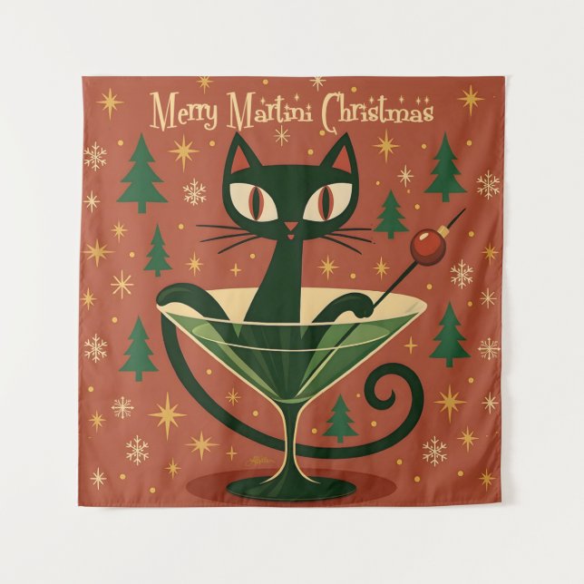 Mid Century Black Cat Merry Martini Christmas Wandteppich (Vorderseite)