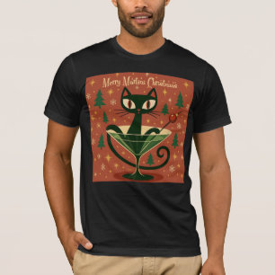 Mid Century Black Cat Merry Martini Weihnachten T-Shirt
