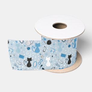 Mid Century Blaue Herz Katzen Satinband