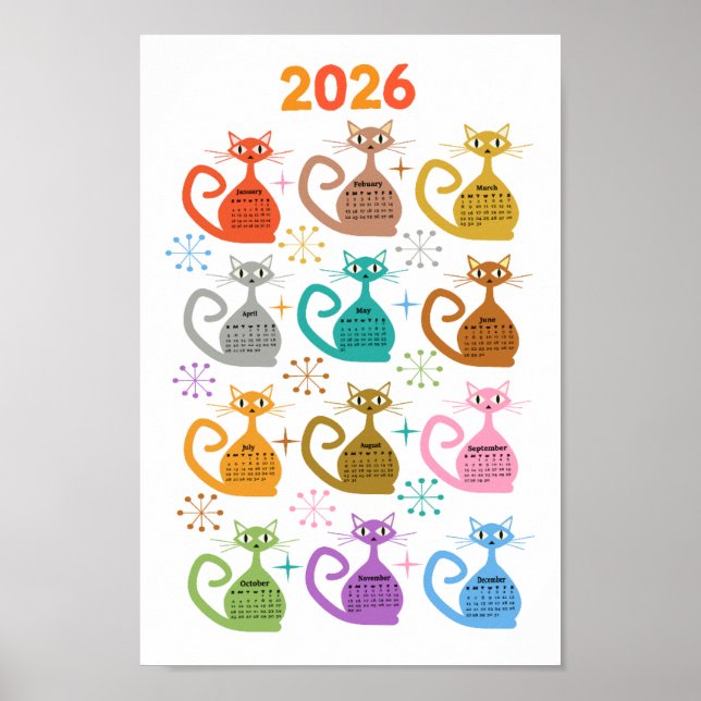 Mid Century Bunte Atomkatzen 2026 Kalender  Poster (Vorne)