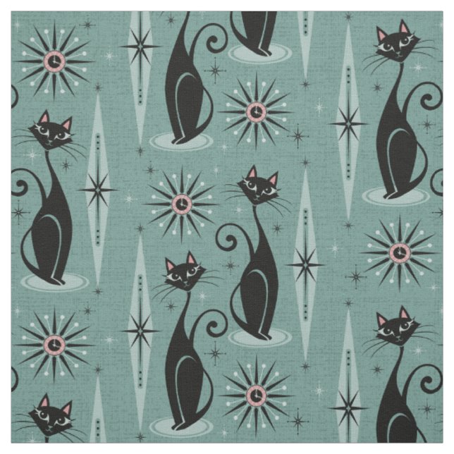 Mid Century Cats und Uhr auf Spearmint Stoff (Muster)