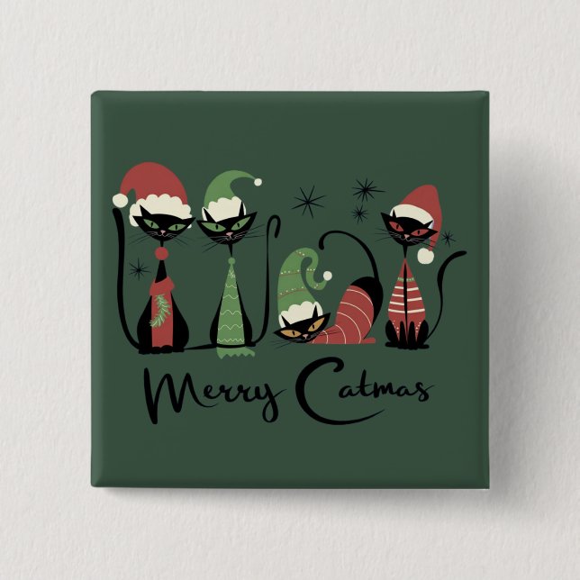 Mid Century Christmas Cats Atomic 50s Style Button (Vorderseite)