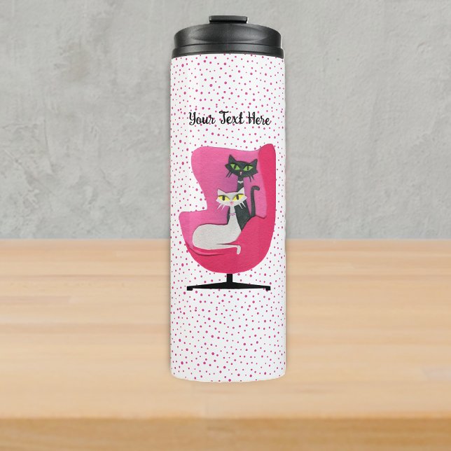 Mid Century Fancy Cats in Pink Chair Polka Dots Thermosbecher (Fancy mid century cats in pink chair on white with pink polka dots thermal drink bottle.)