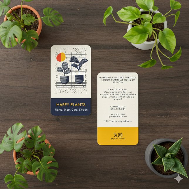Mid Century Fun Modernes Haus Pflanze Gelb und Mar Visitenkarte (Mid Century fun Modern House Plant Yellow and Navy bold Business Card.)