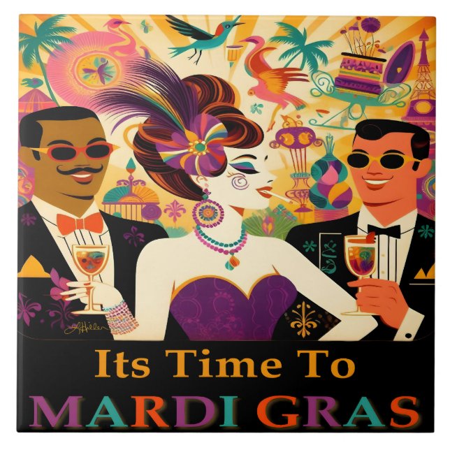 Mid Century Futuristic Mardi Gras Cocktail Party Fliese (Vorderseite)