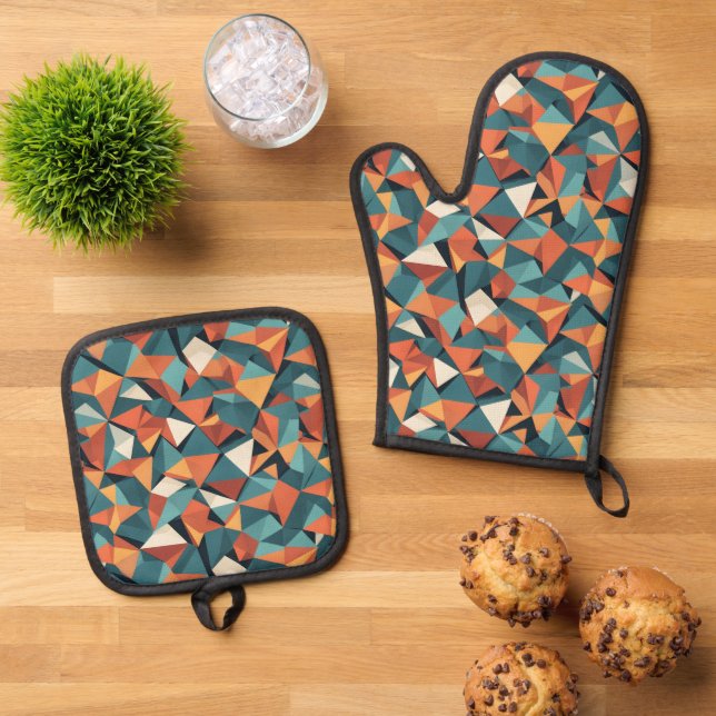 Mid-Century Geometric Teal & Orange Pattern Ofenhandschuh & Topflappen-Set (Oben Unten)