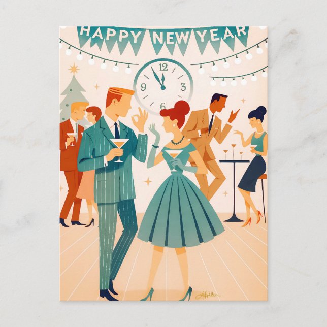 Mid Century Happy New Year The Martini Dance Postkarte (Vorderseite)