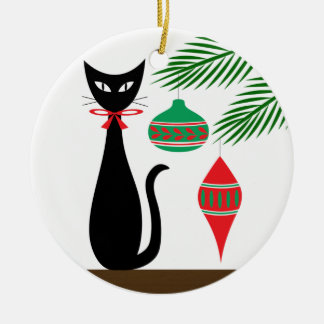 Mid Century Holiday Cat with Ornaments Keramik Ornament