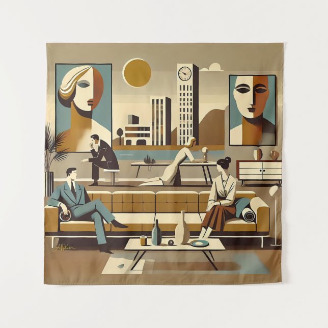 Mid-Century-Interieur-Design-Kunst-Lounge Wandteppich (Vorderseite)
