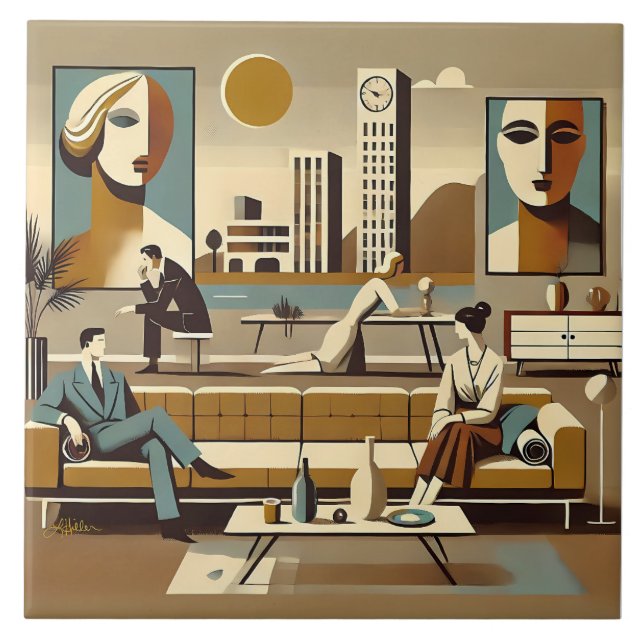 Mid-Century-Interieurdesign Kunstlounge Fliese (Vorderseite)