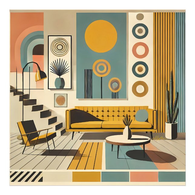 Mid-Century-Interieurdesign Wüstenwohnzimmer Fotodruck (Vorne)