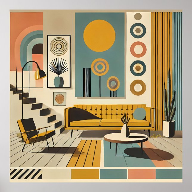 Mid-Century-Interieurdesign Wüstenwohnzimmer Poster (Vorne)
