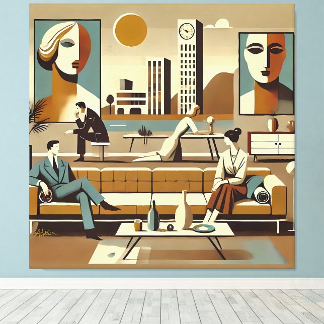 Mid Century Interior Design Art Lounge Leinwanddruck (Insitu (Holzboden))