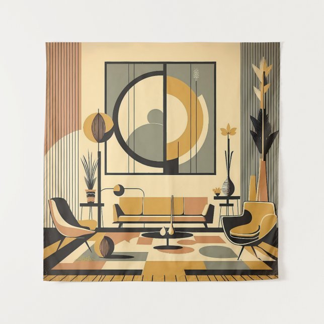 Mid Century Interior Design Autumn Hues Livingroom Wandteppich (Vorderseite)