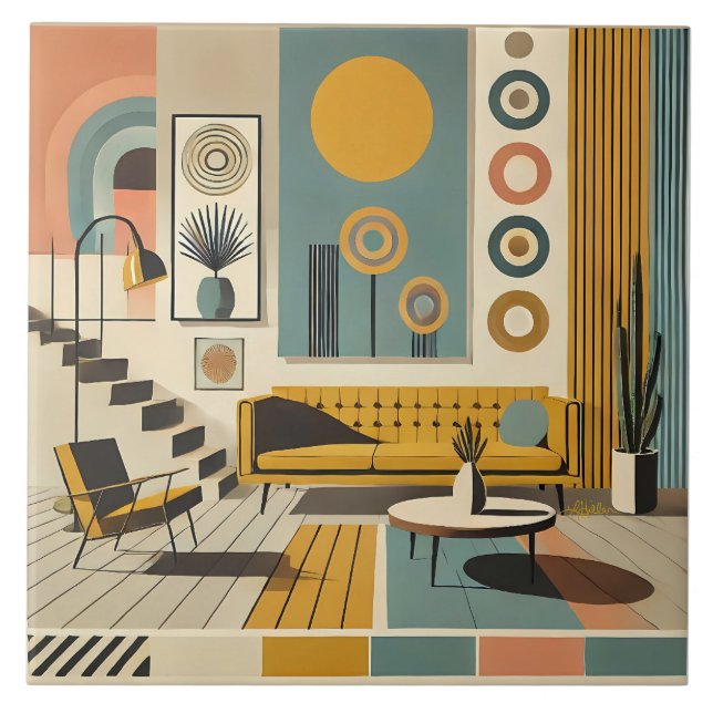 Mid Century Interior Design Desert Livingroom Fliese (Vorderseite)