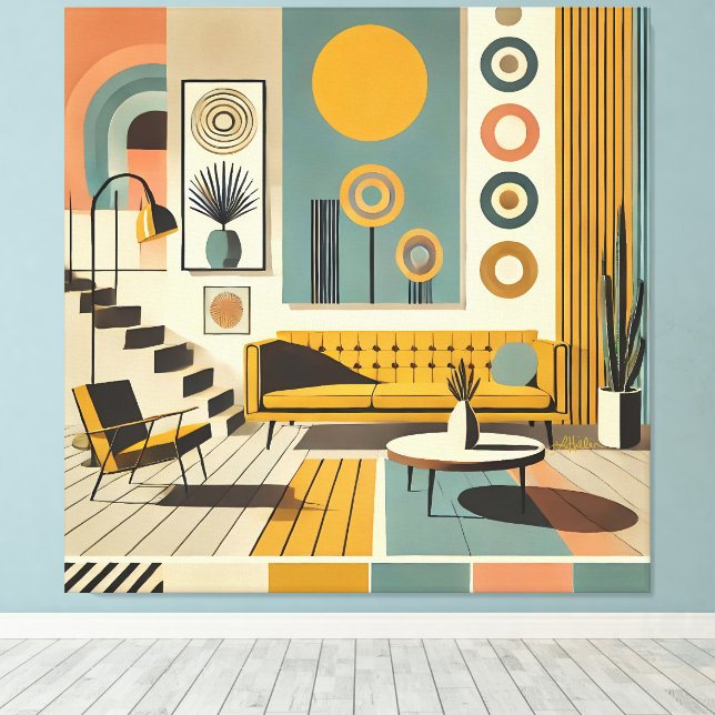 Mid Century Interior Design Desert Livingroom Leinwanddruck (Insitu (Holzboden))