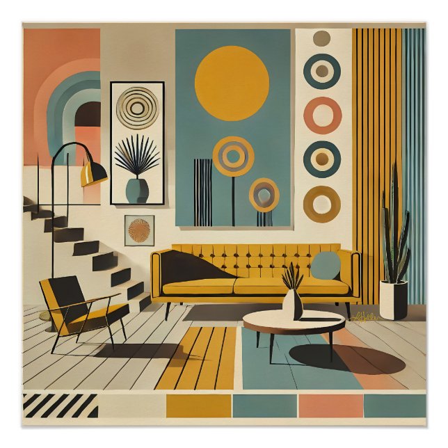 Mid Century Interior Design Desert Livingroom Poster (Vorderseite)
