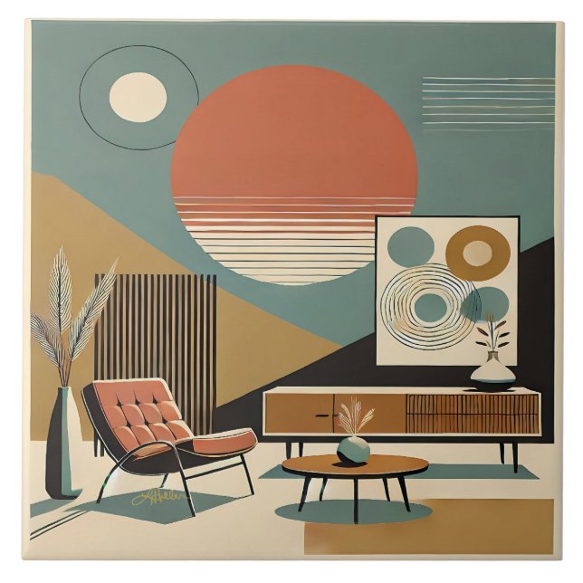 Mid Century Interior Design Sunrise Livingroom Fliese (Vorderseite)