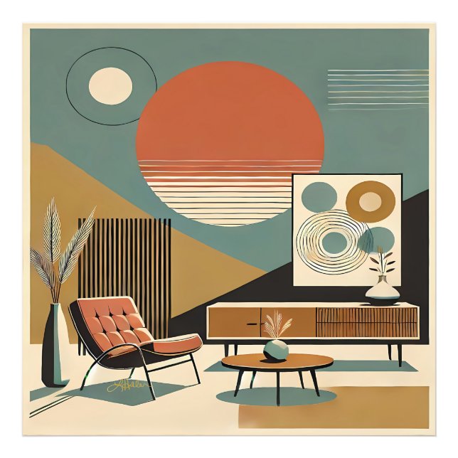 Mid Century Interior Design Sunrise Livingroom Fotodruck (Vorne)