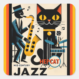 Mid Century Jazz Age HepCat Schwarze Katze Quadratischer Aufkleber
