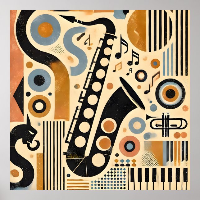Mid Century Jazz Age Minimalist Art Saxophone Poster (Vorne)