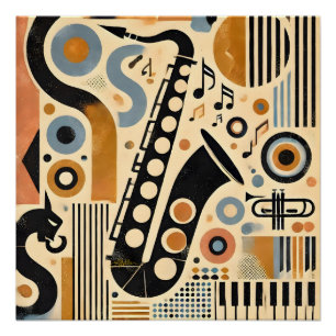 Mid-Century-Jazz-Age-Minimalist-Kunst-Saxophon Poster