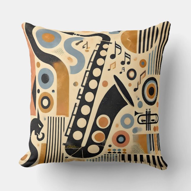 Mid Century Jazz Age Minimalistisch Art Saxophon Kissen (Vorderseite)