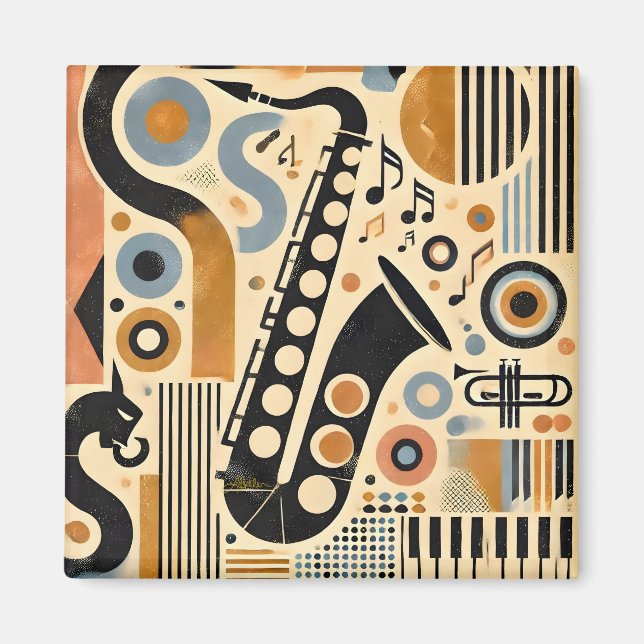 Mid Century Jazz Age Minimalistisch Art Saxophon Magnet (Vorne)