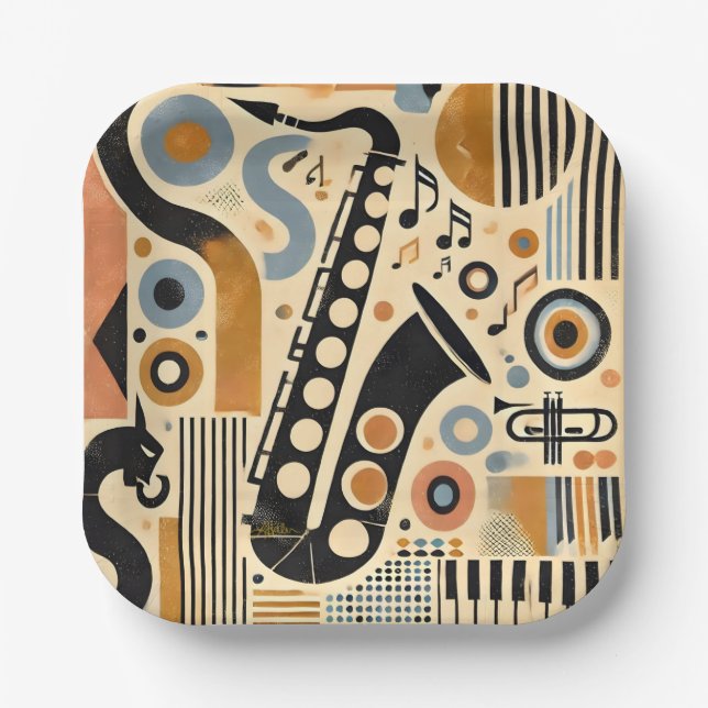 Mid Century Jazz Age Minimalistisch Art Saxophon Pappteller (Vorderseite)