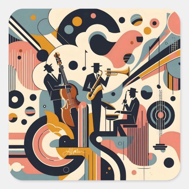 Mid Century Jazz Age Psychedelic Trio Quadratischer Aufkleber (Vorderseite)