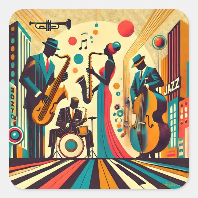 Mid Century Jazz Age Quartett Quadratischer Aufkleber (Vorderseite)
