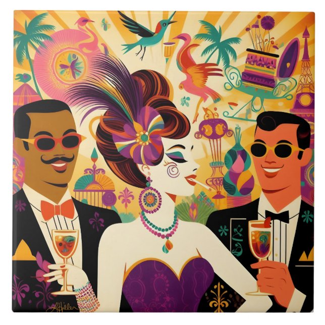 Mid Century Mardi Gras Cocktail Party Fliese (Vorderseite)