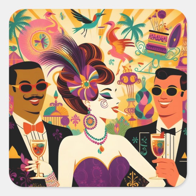 Mid Century Mardi Gras Cocktail Party Quadratischer Aufkleber (Vorderseite)