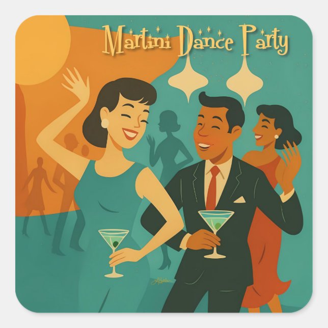 Mid Century Martini Dance Party Quadratischer Aufkleber (Vorderseite)