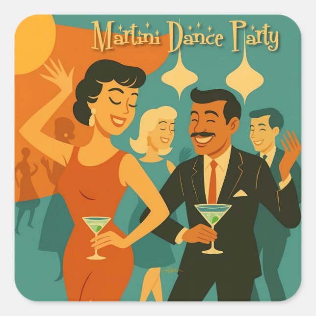 Mid Century Martini Dance Party Quadratischer Aufkleber (Vorderseite)