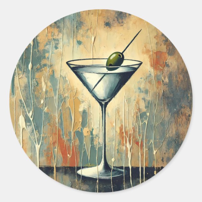 Mid Century Mixed Media Martini Art Runder Aufkleber (Vorderseite)