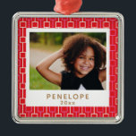 Mid Century Mod Christmas Red Pattern Custom Foto Ornament Aus Metall<br><div class="desc">Fun retro mid century modern Christmas pattern in red and pink,  personalized with your name and foto.</div>