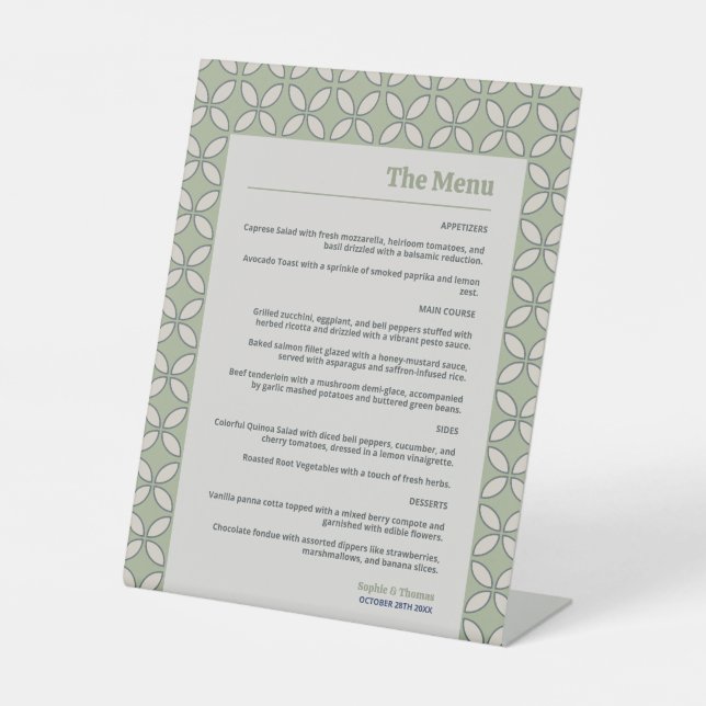 Mid Century Mod Retro Wedding Olive Green Menu Sockelschild (Vorderseite)