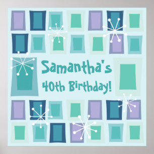 Mid Century Modern 40th Birthday Aquamarine Poster