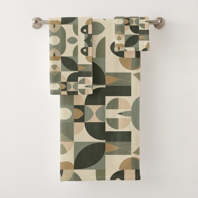 Mid Century Modern Abstraktes Muster Sagegrün Badhandtuch Set (Insitu)