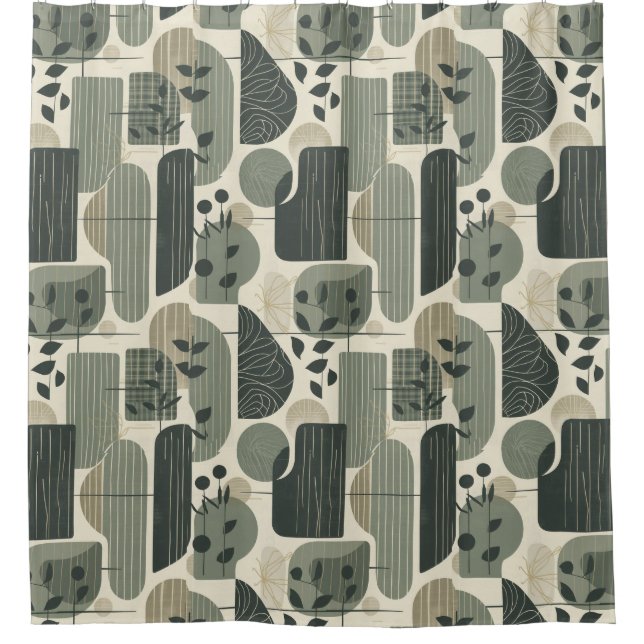 Mid Century Modern Abstraktes Muster Sagegrün Duschvorhang (Vorderseite)