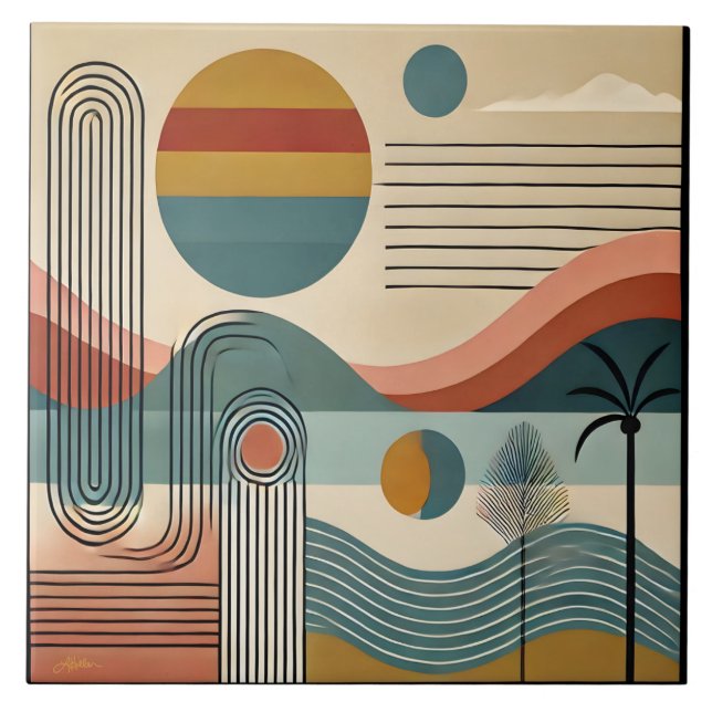 Mid Century Modern Art Beach Sunrise Fliese (Vorderseite)