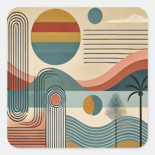 Mid Century Modern Art Beach Sunrise Quadratischer Aufkleber