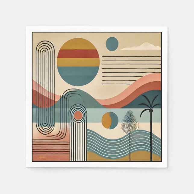 Mid Century Modern Art Beach Sunrise Serviette (Vorderseite)