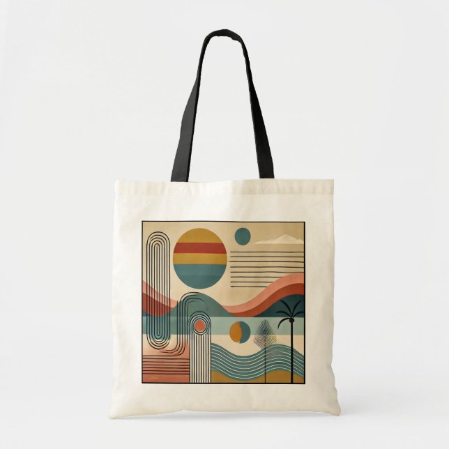 Mid Century Modern Art Beach Sunrise Tragetasche (Vorne)