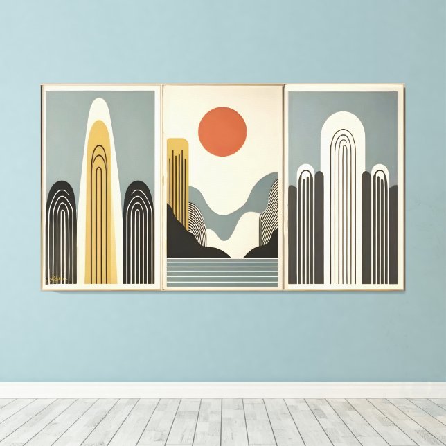 Mid Century Modern Art Mountain Lake Sunrise Leinwanddruck (Insitu (Holzboden))